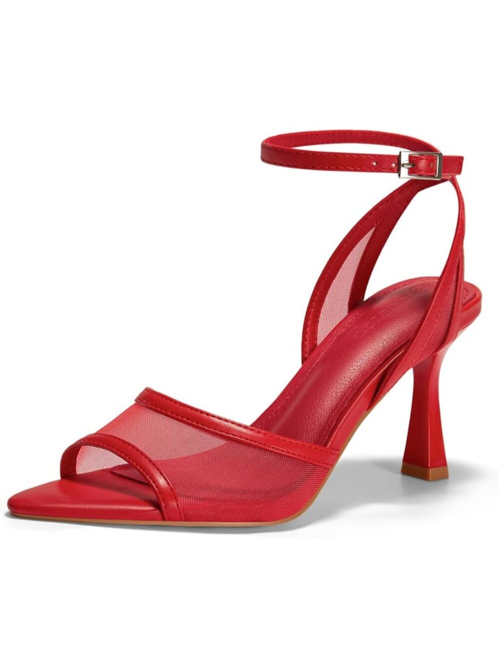 Women's Mesh Red Kitten Heels Pointed Open Toe Ankle Buckle Strap Summer Sandals